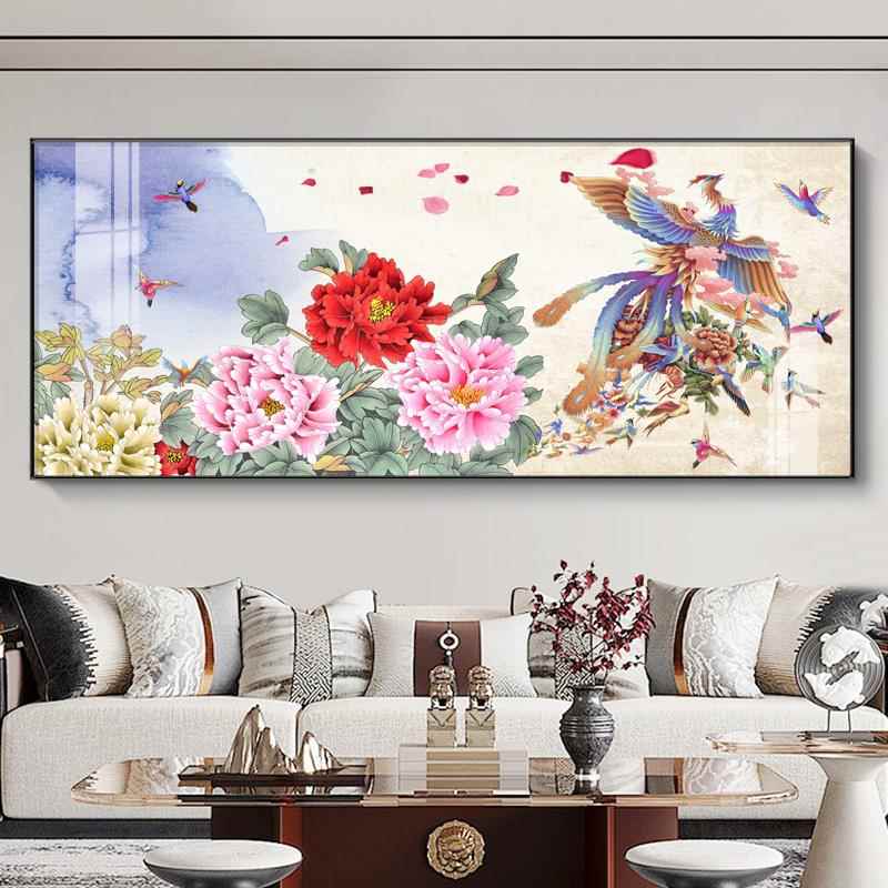 百鸟朝凤横幅装饰画 画花鸟祥和图客厅挂画 画新中式花开 富贵沙