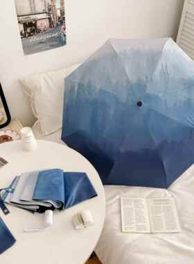 ins太阳伞学生黑胶晕染雨伞全自动女折叠小清新高级油画防紫外线