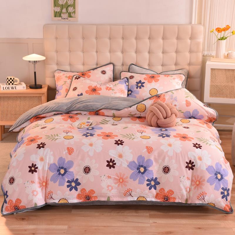 高档全棉加绒四件床套A纯棉B牛奶套珊保瑚绒单面绒被毛绒单加厚暖