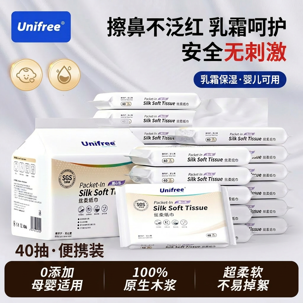 unifree婴儿云柔巾宝宝乳霜保湿擦鼻便携40抽面巾纸抽纸