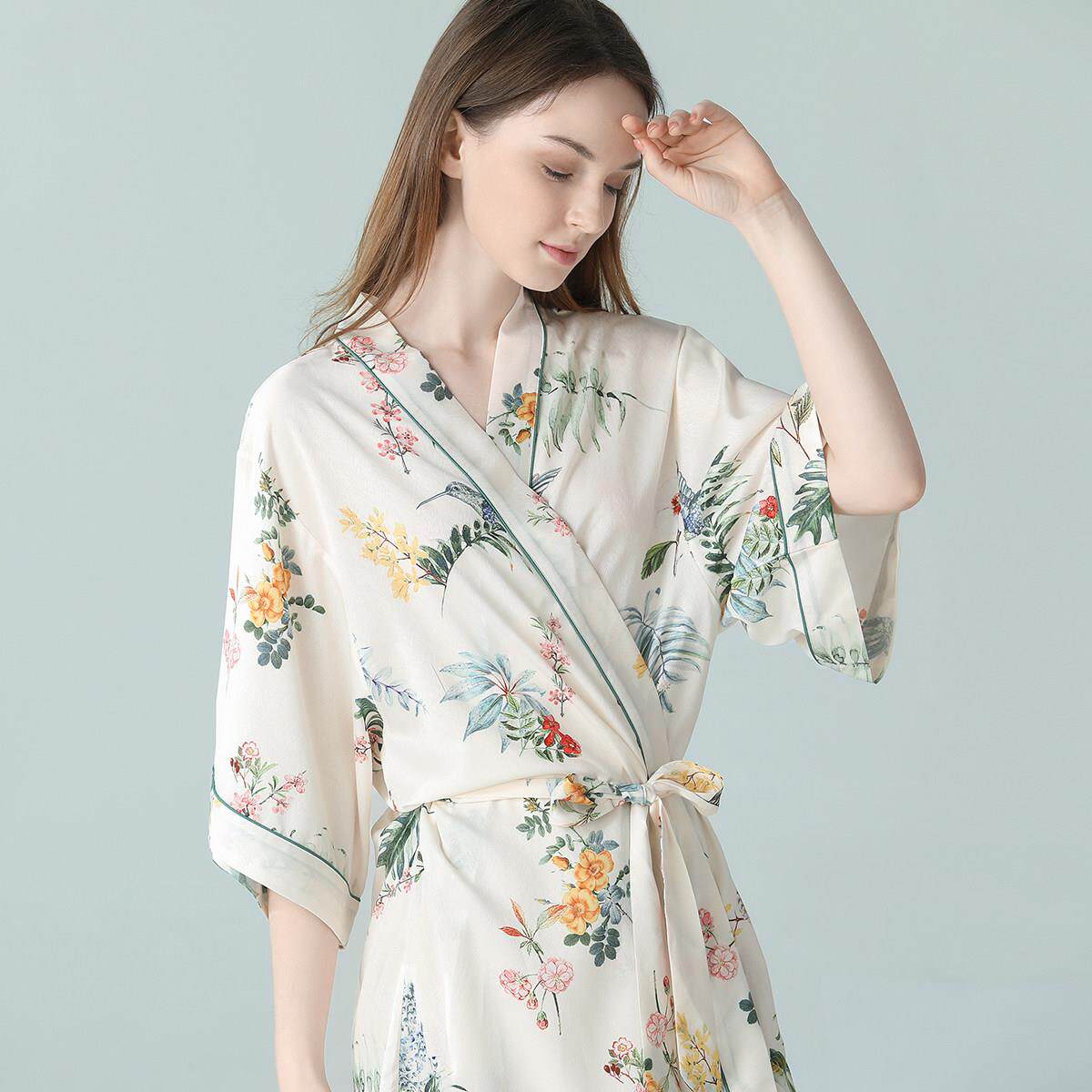 IIZZINI原创 睡袍女夏薄款冰丝中国风蔷薇花奢华睡衣居家晨袍浴袍
