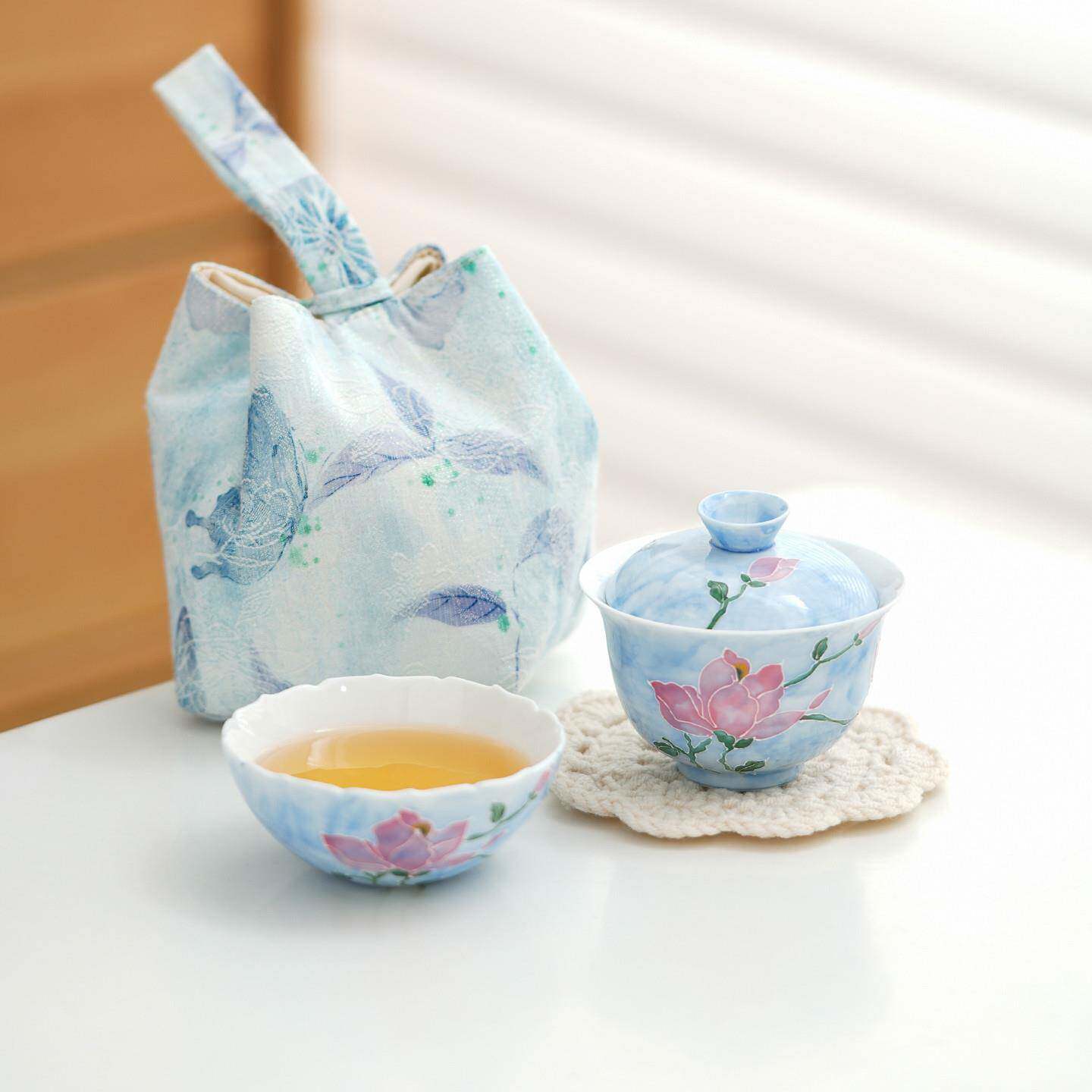 雾蓝玉兰花快客杯陶瓷便携式旅行茶具一人饮盖碗茶杯户外泡茶套装