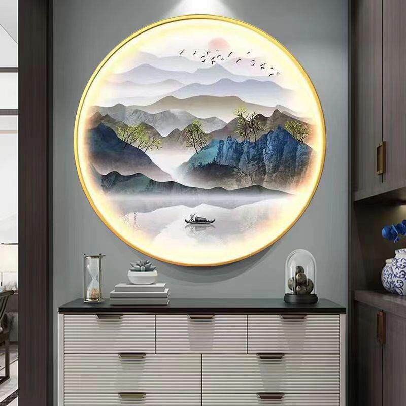 带LED灯新中式轻奢玄关装饰画圆形卧室走廊楼梯足疗茶道养生挂画