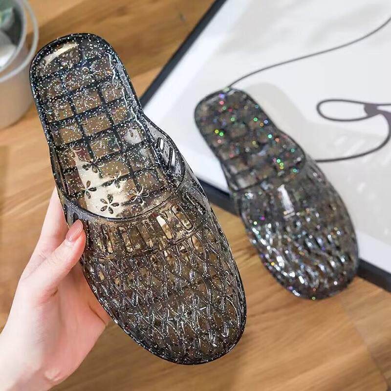 潮牌防臭平跟洗澡浴室防滑时尚外穿水晶塑料女凉拖女式镂空软拖鞋