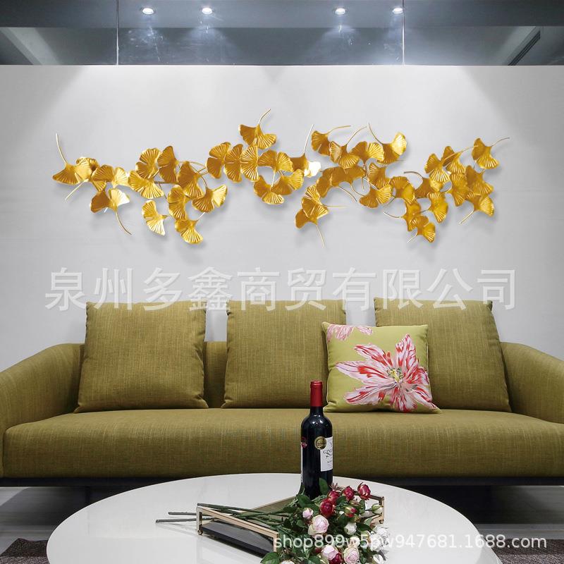 金色银杏叶壁饰壁挂酒店婚庆仿真画客厅装饰画铁艺客厅壁挂墙图片