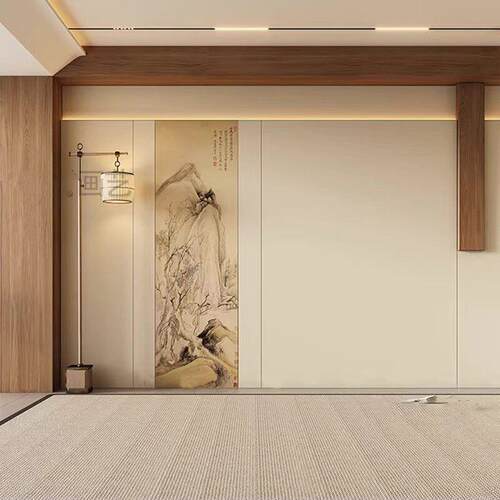 中式古风山水扣板客厅沙发电视背景墙碳晶板装饰画宋氏美学护墙板