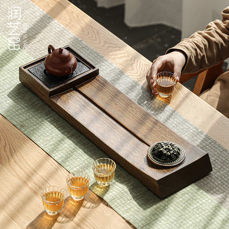 润艺窑整块黑檀木鸡翅木茶盘实木家用简约大小号茶台功夫茶具排水