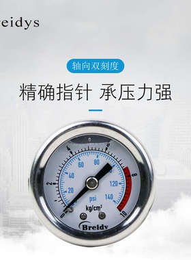 压力表YN40Z轴向不锈钢耐震气压表气动表水压表0-1.6MPa一分牙1/8