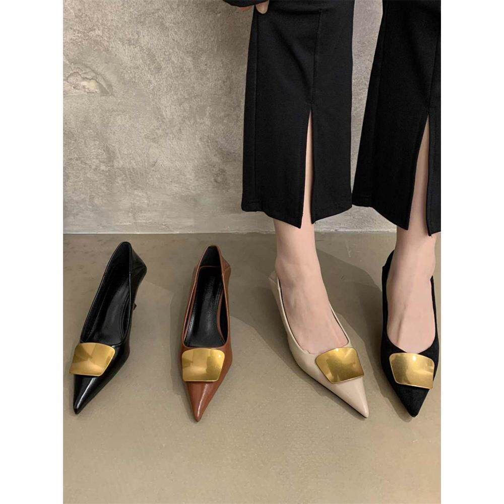 香港覆古金属扣尖头高跟鞋女士5厘米中跟浅口平底鞋夏季美拉德棕