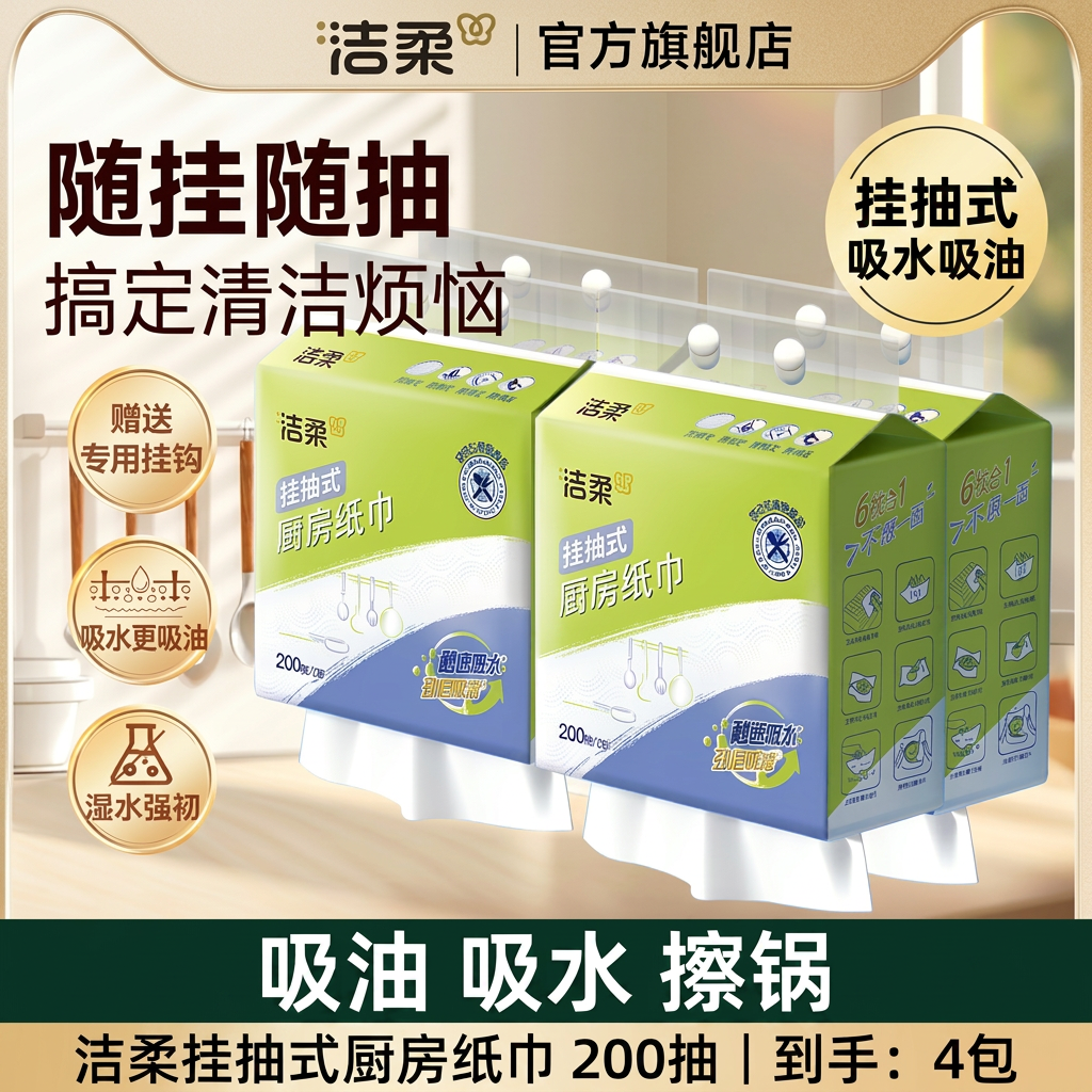 洁柔官方旗舰店挂抽式厨房纸巾200抽4包吸油吸水擦锅湿水强韧