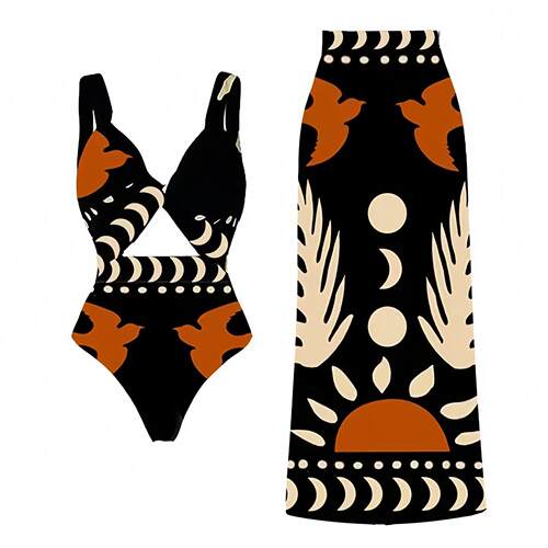 Womens Ethnic Pattern Summer Swimsuit Set Boho One Shoulder
