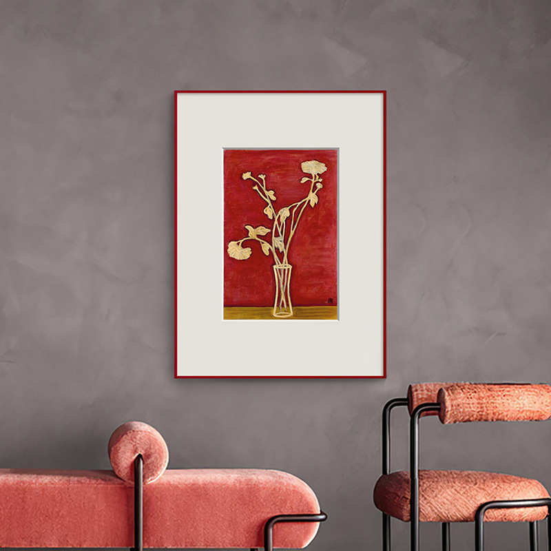 常玉植物花卉红色外框挂画侘寂中古风客厅装饰画沙发背景艺术壁画