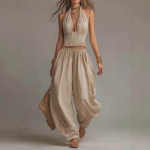 Sleeveless backless hanging neck top, wide leg pants