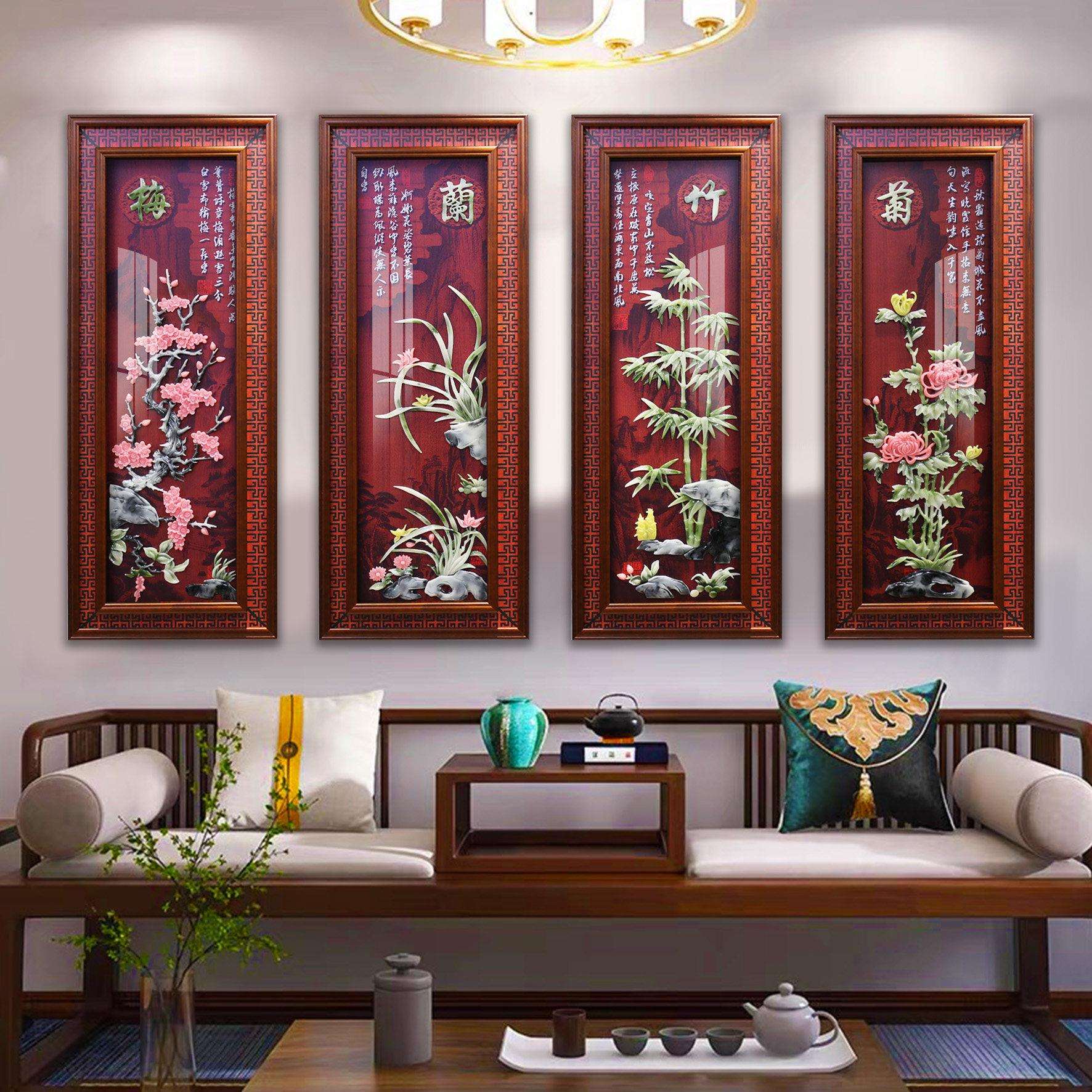 新中式客厅沙发饰背景墙装画 画梅兰竹菊玉雕画 画饭饰厅装壁画