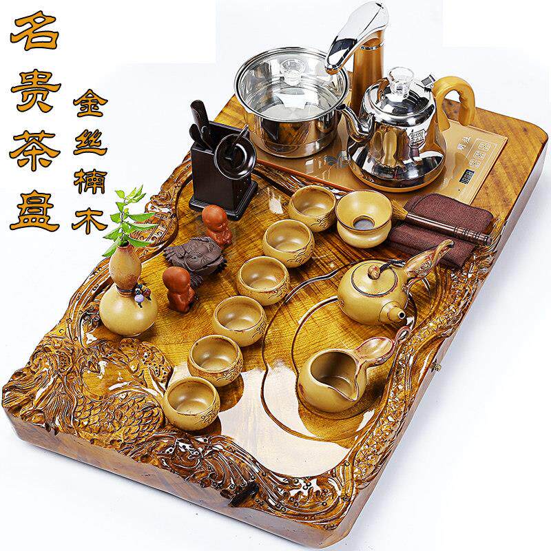 金丝楠木茶盘家用简约托盘茶具套装全自动电热炉实木功夫茶海茶台
