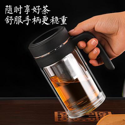 新款双加高硼硅玻璃杯商务办公茶85BGB-01水离厚分杯防烫耐高温把
