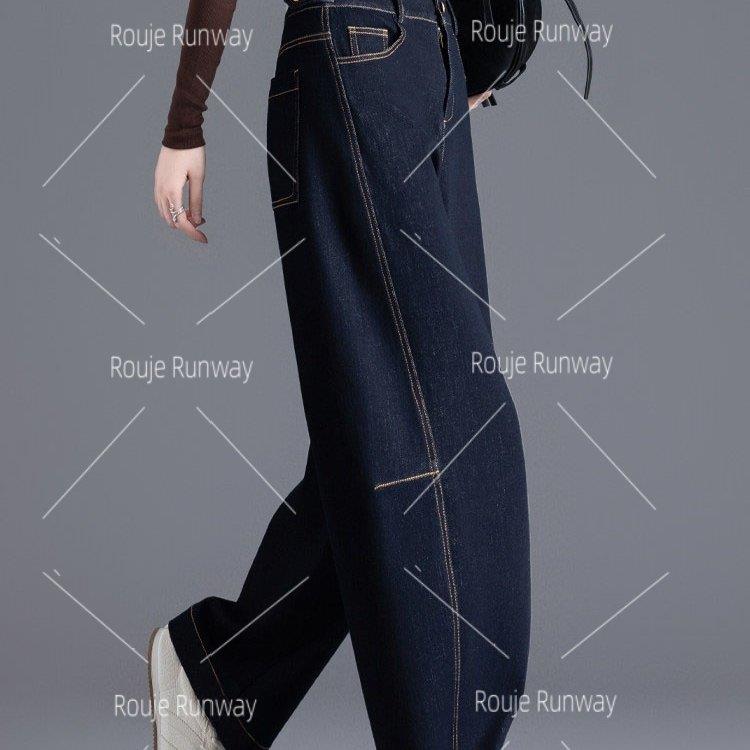 法式Rouje Runway2026新款春秋季小个子裤子女宽松深蓝色弯刀裤子