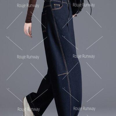 法式Rouje Runway2026新款春秋季小个子裤子女宽松深蓝色弯刀裤子