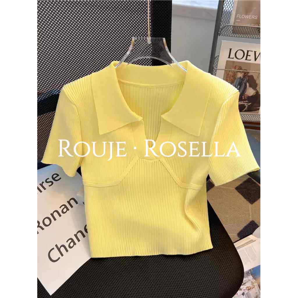法国Rouje Rosella⭐黄色polo领短袖T恤女夏法式小香风短款上衣