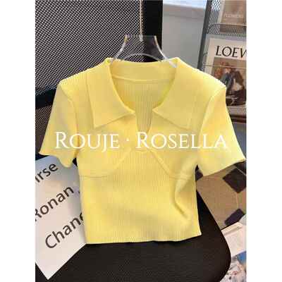 法国Rouje Rosella⭐黄色polo领短袖T恤女夏法式小香风短款上衣