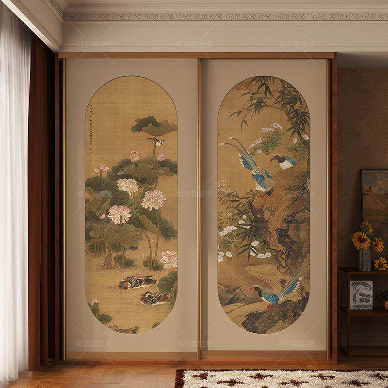 复古中式仿古画装饰房间衣柜贴画翻新柜门贴纸改造自粘壁纸加厚