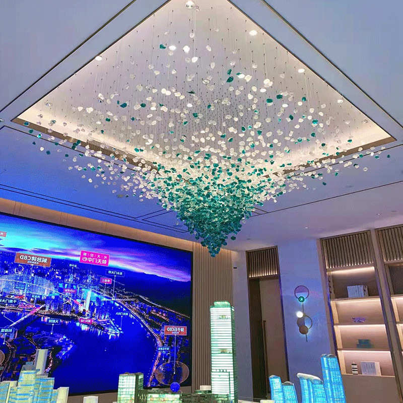 售楼部石头吊灯酒店大堂宴会厅现代简约复式楼楼梯制作工程水晶灯