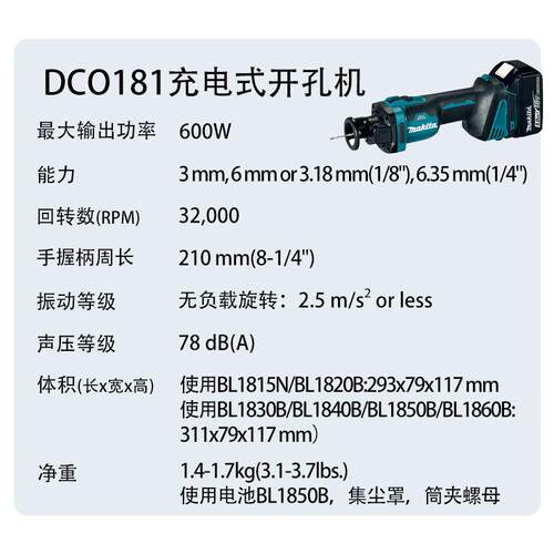 牧田 DCO181 充电式开孔机 开槽机