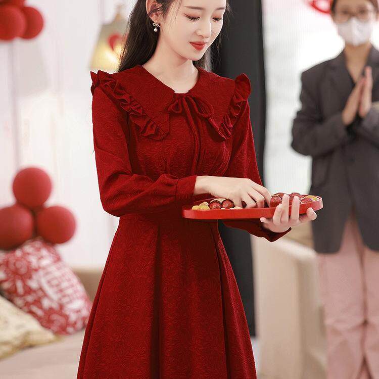 轻奢高级感敬酒服订婚回门礼服小个子日常可穿红色连衣裙小红裙子