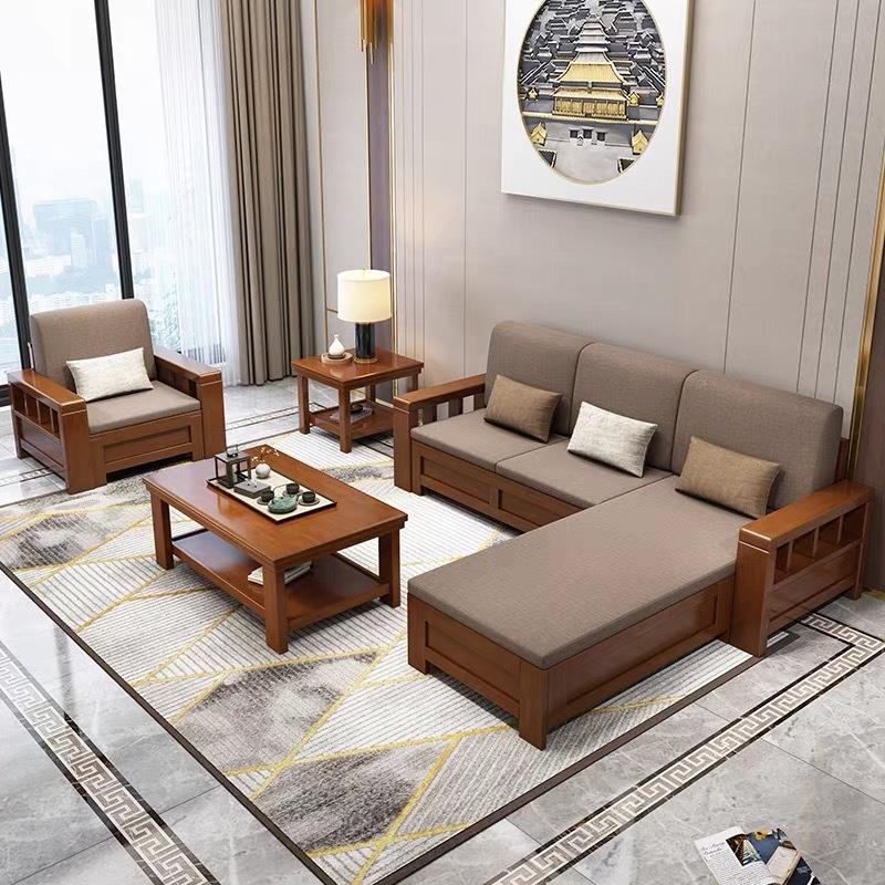 新中式沙发组合实木冬夏两用收纳沙发木茶台大小户型现代客厅家具