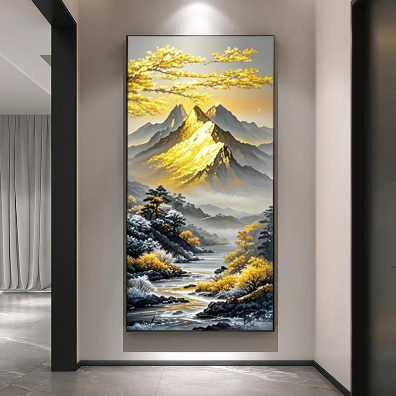 聚财金山玄关装饰画 画招财山水入户门挂画 画日照金山高档走廊过