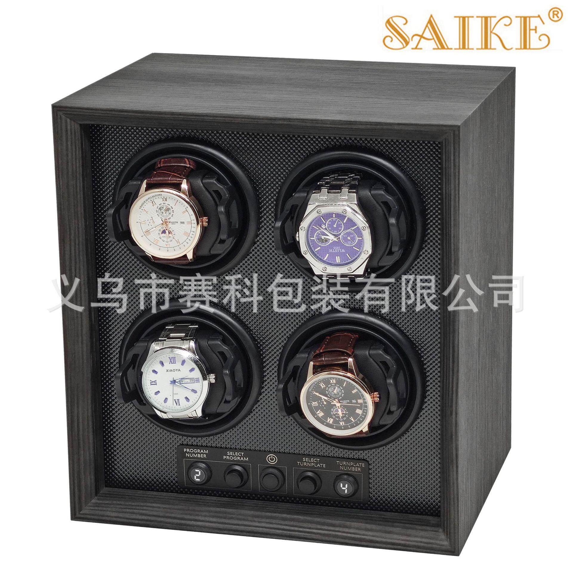 现货黑檀纹木质数码显示自动机械4表位摇表器腕表上链上弦表盒