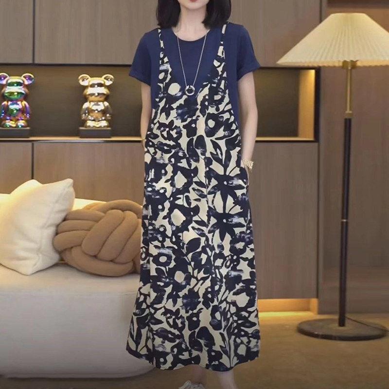 休闲假两件短袖连衣裙女夏季新款时尚洋气显瘦遮肉女士拼接中长裙
