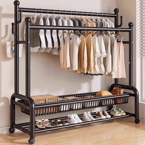 挂衣架落地卧室家用室内加厚晾晒衣服架子衣帽架阳台双层晾衣移动