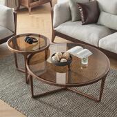 北欧圆形茶几简约北美黑胡桃木客厅家俱实木钢化玻璃沙发圆几组合