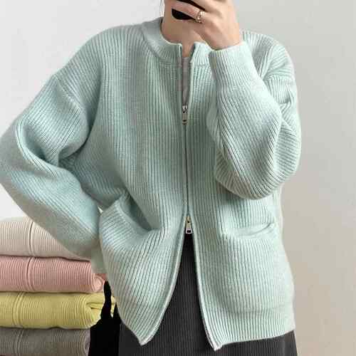 Pit stripe double zipper knitted cardigan women's soft and
