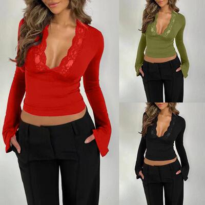 Women's Contrast-Lace Plunge-Neck Flounce-Sleeve Fitted Tee