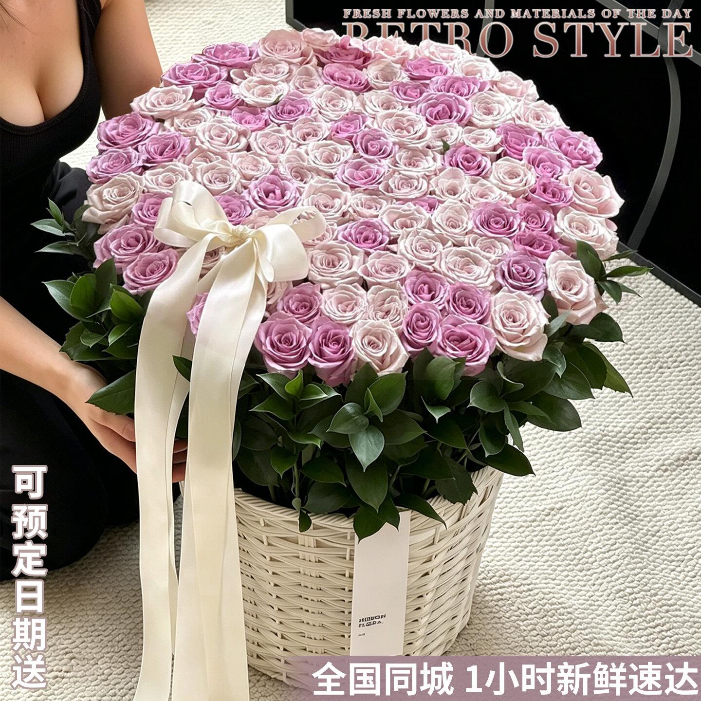99朵玫瑰草编抱抱桶花束鲜花同城速递全国配送上海北京女友礼物
