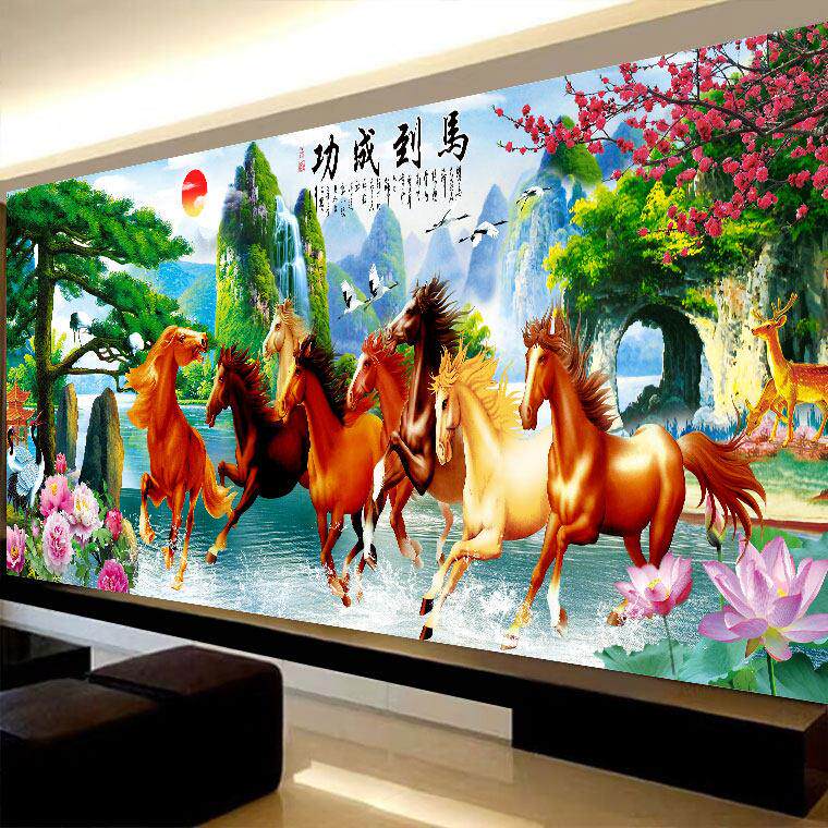 八骏图马到成功十字绣八匹马2024新款客厅大气山水风景画大幅满绣