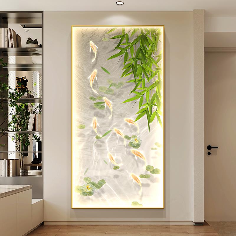 奶油风九鱼图玄关装饰画走廊过道挂画小清新绿植入户带灯光墙壁画