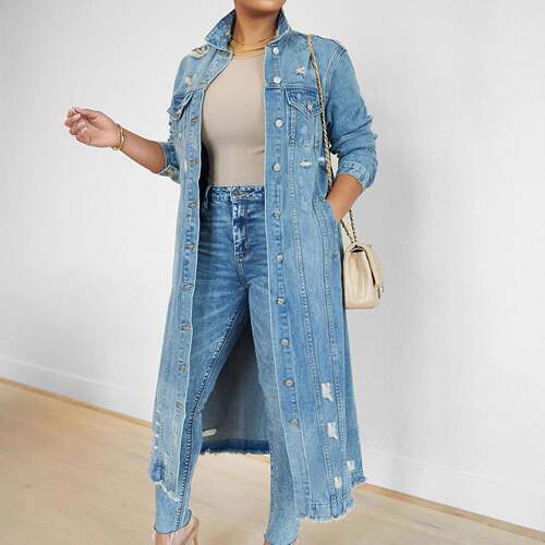 Women'S Plus Size Casual Denim Jacket & Long Pants Set,