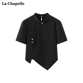 拉夏贝尔/La Chapelle黑色立领珠珠盘扣不规则短袖T恤女小众上衣