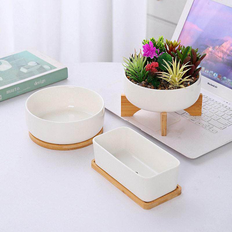 陶瓷多肉盆陶盆批發含托盘大号白瓷室内桌面绿植盆景摆件跨境园艺