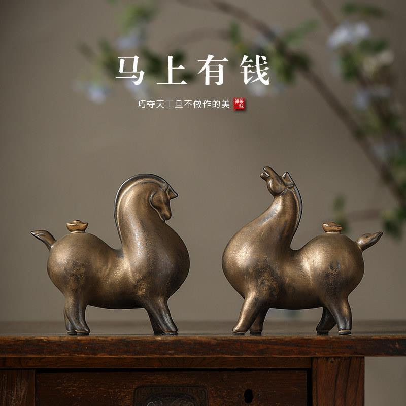 创意招财唐马桌件陶瓷动物马AU马上有摆中式室客厅书房办公面装饰