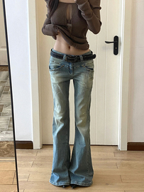 大码美式y2k辣妹微喇叭牛仔裤，女设计感铆钉，弹力修身显瘦直筒长裤