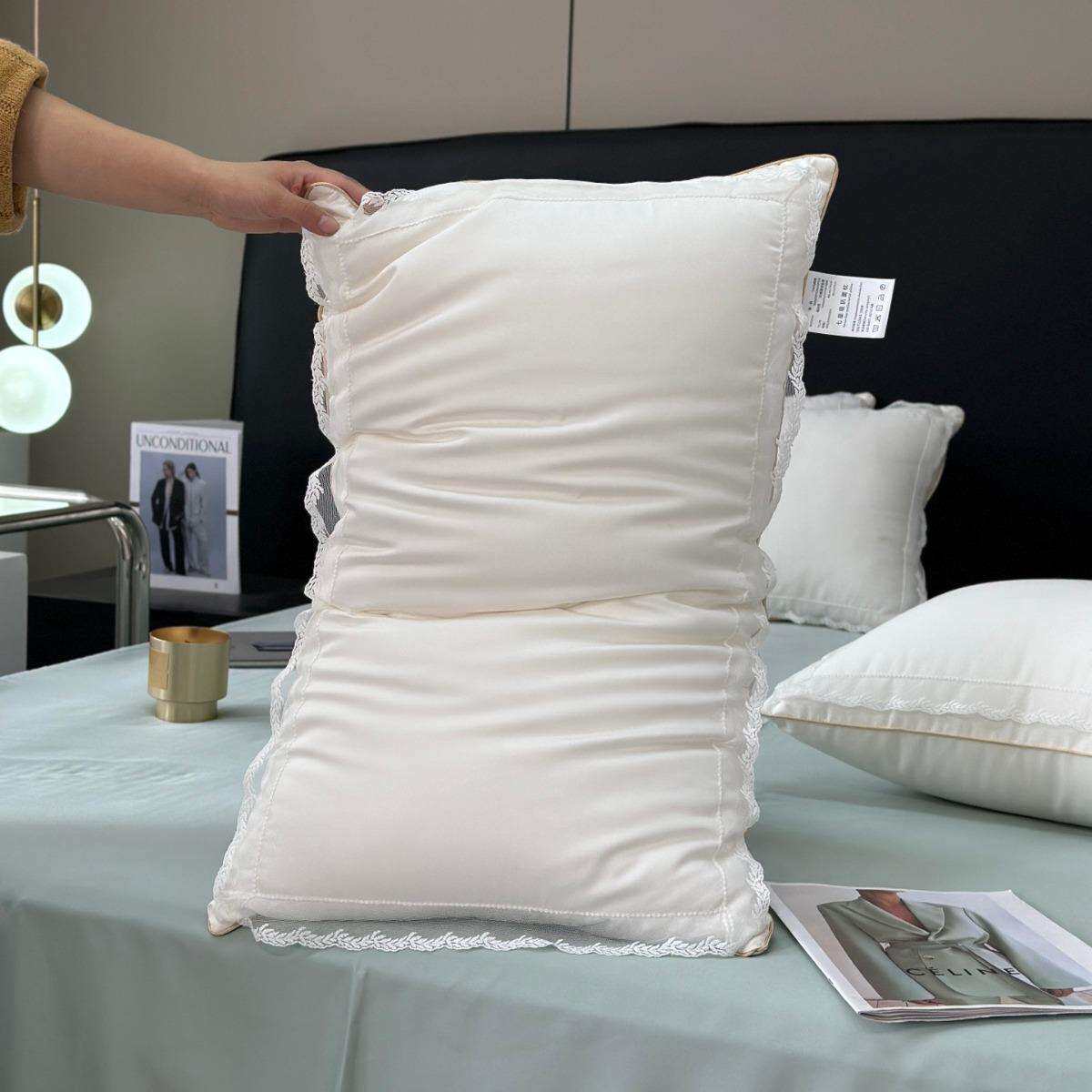 简约一对装法式蕾丝花边枕头100支全棉贡缎枕芯柔软舒适中枕头