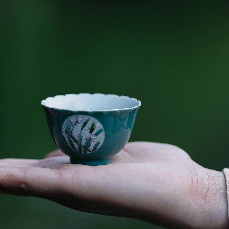 无落 景德镇中式黛绿釉开窗手绘蓝绿水菊口茶杯花口杯小品茗杯