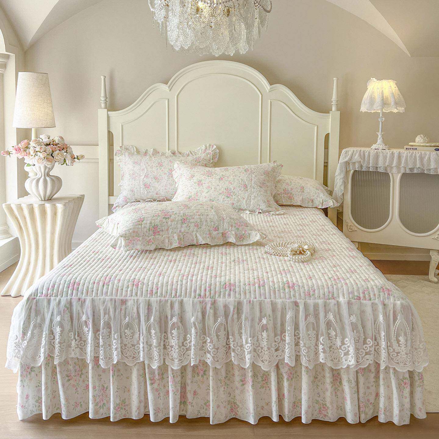 公主风碎花纯棉蕾丝夹棉床裙单件床单带裙边床罩四季通用床围裙罩