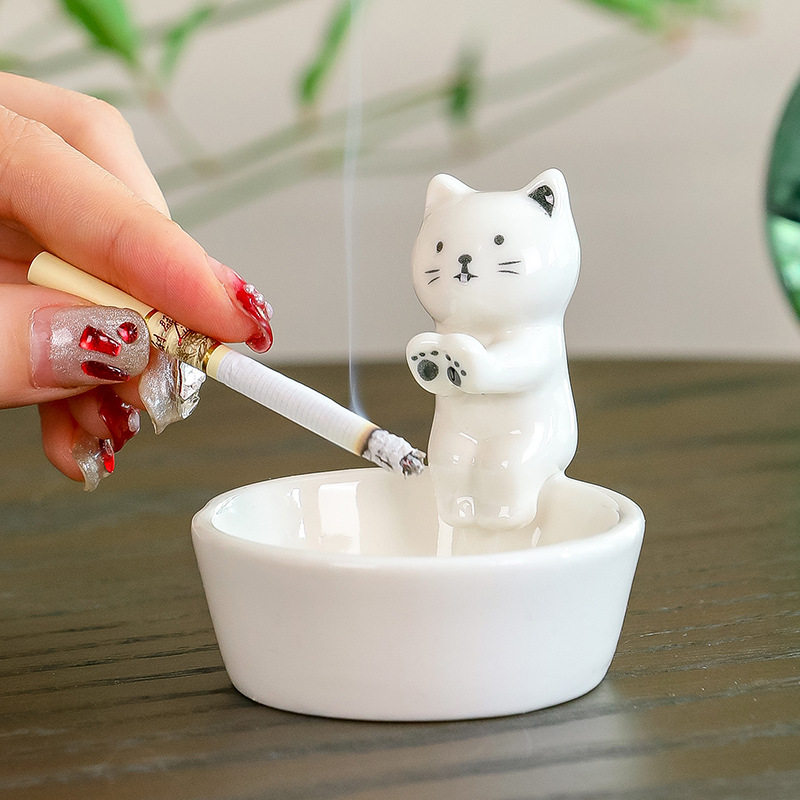 可爱猫咪烟灰缸防飞灰卡通蜡烛杯家用客厅餐厅桌面摆件陶瓷烟灰缸