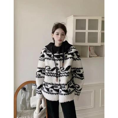 Next Road英国联名羊羔毛外套女2025冬新款连帽加厚一体毛绒上衣