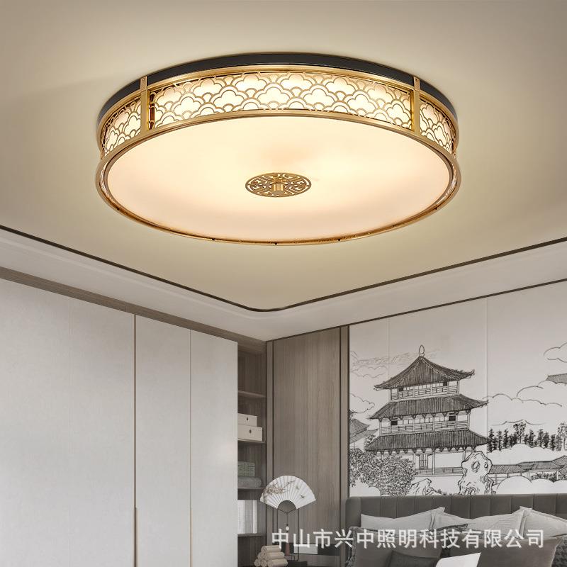 新中式全铜吸顶灯圆形卧室灯中国风餐厅led灯具古典书房茶室铜灯